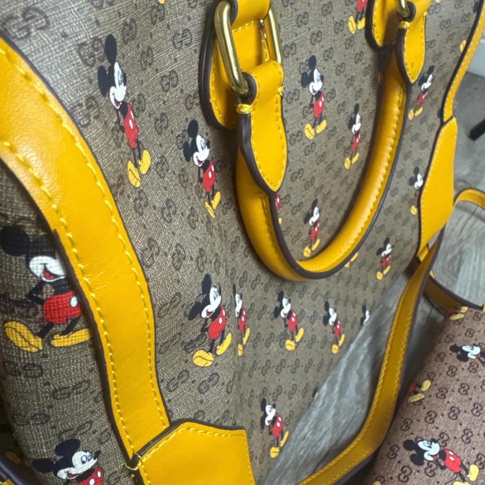 Gucci x Disney Mickey Mouse GG Supreme Tote Bag Set Yellow Leather Trim Satchel - Picture 5 of 11